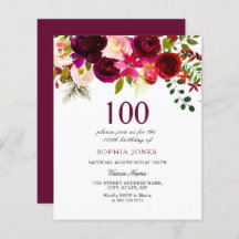 Begroting Burgundy Flowers 100th Birthday Invitati