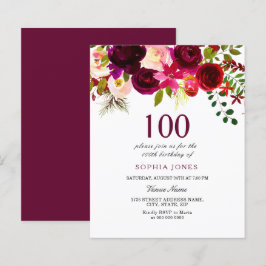 Begroting Burgundy Flowers 100th Birthday Invitati