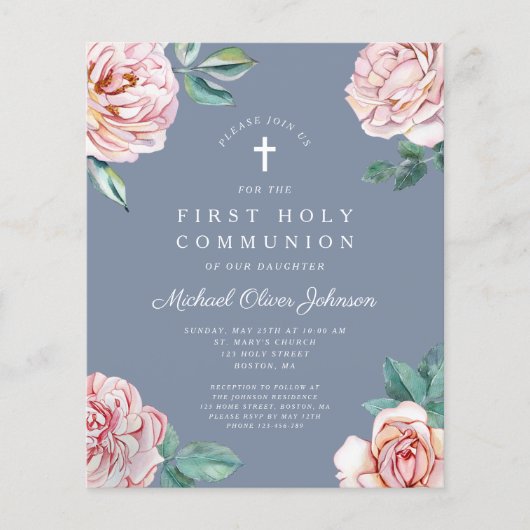 Begroting Dusty Blue Floral Peonies First Communit (Voorkant)