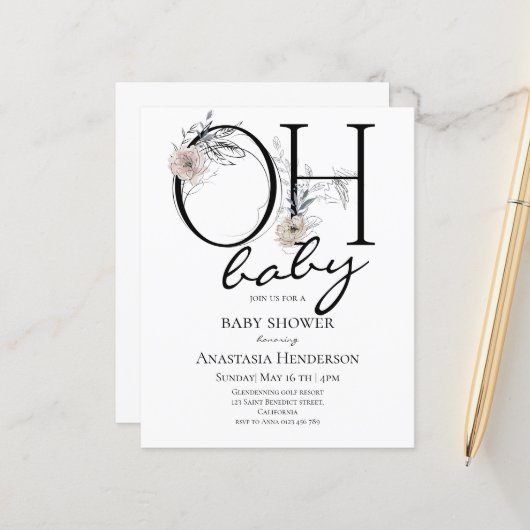 Begroting Elegant Baby shower-uitnodiging. (Voorkant / Achterkant in situ)