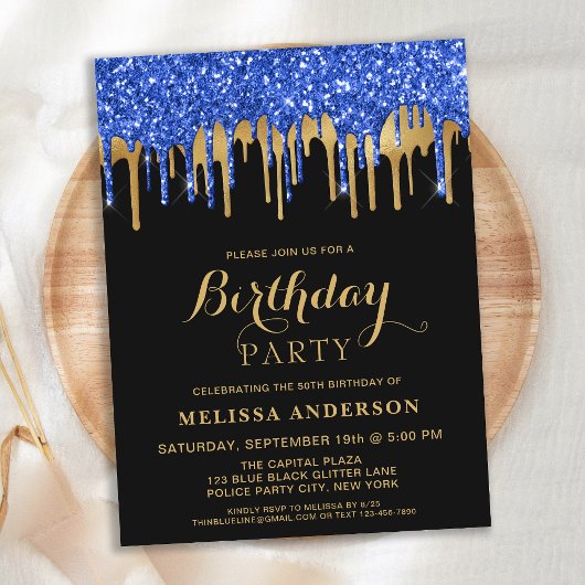 Begroting Elegant Blue Gold Glitter Drift Birthday