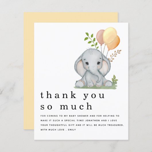 BEGROTING Elephant Baby shower Geel Dank u (Voorkant / Achterkant)