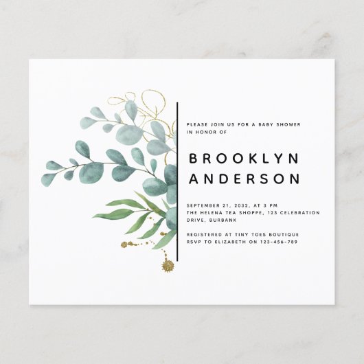 BEGROTING Eucalyptus Gold Foil Baby shower Invitat (Voorkant)