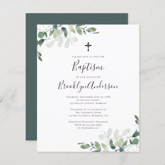 Begroting Eucalyptus Greenery Baptism Invitation (Voorkant / Achterkant)