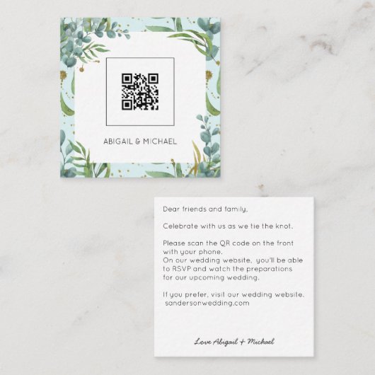 Begroting Eucalyptus QR Code Boho Weddenschap Vierkante Visitekaartje (Voorkant / Achterkant)
