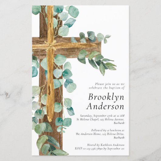 Begroting Eucalyptus Wooden Cross Baptisme Uitnodi (Voorkant)