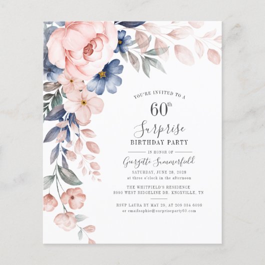 Begroting Floral 60th Birthday Pink Script Invitat (Voorkant)