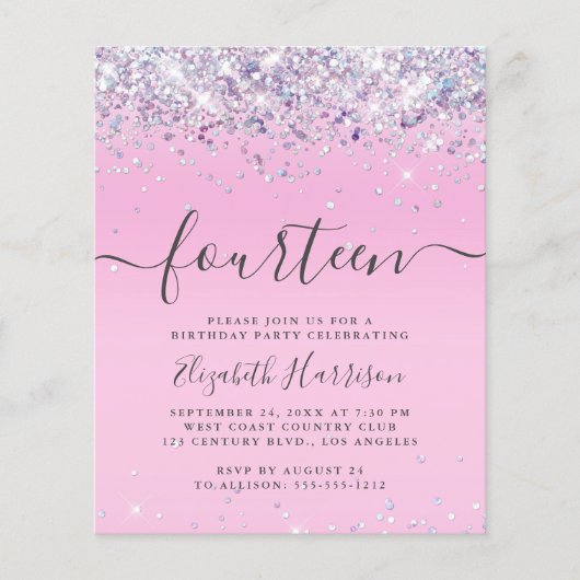 Begroting Glitter 14th Birthday Party Invitation (Voorkant)