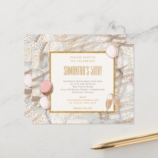 Begroting Glitter 50th Party Birthday Invitation (Voorkant / Achterkant in situ)