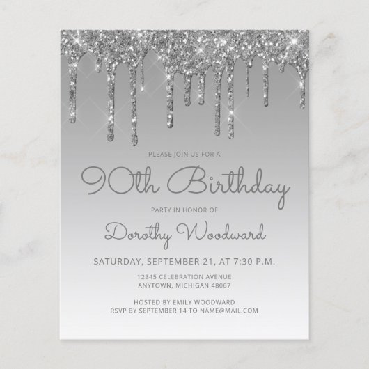 Begroting Glitter Drip Silver 90th Birthday (Voorkant)