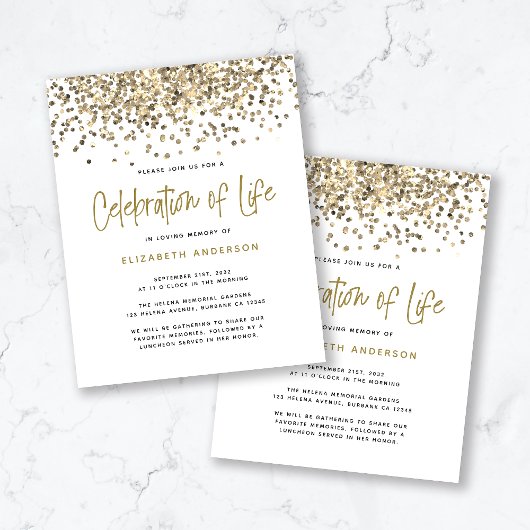 BEGROTING Gold Glitter Celebration of Life Invitat