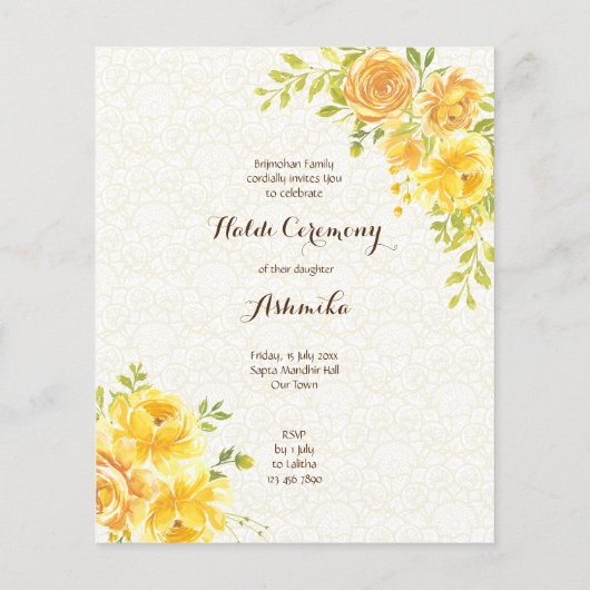 Begroting Haldi Uitnodiging voor Gele rozen (Achterkant)