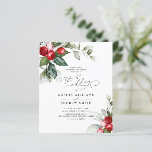 Begroting kerstgroen en Berry Wedding Uitnodiging (Staand voorkant)