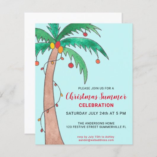 Begroting kerstzomerfeest Palmuitnodiging (Voorkant / Achterkant)