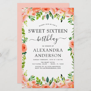 Begroting Koral Peach Floral Sweet Sixteen Birthda