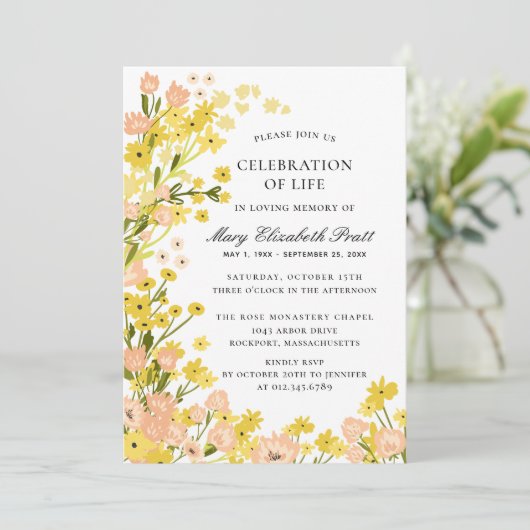 Begroting Land Yellow Pink Foral Funeral Kaart (Staand voorkant)