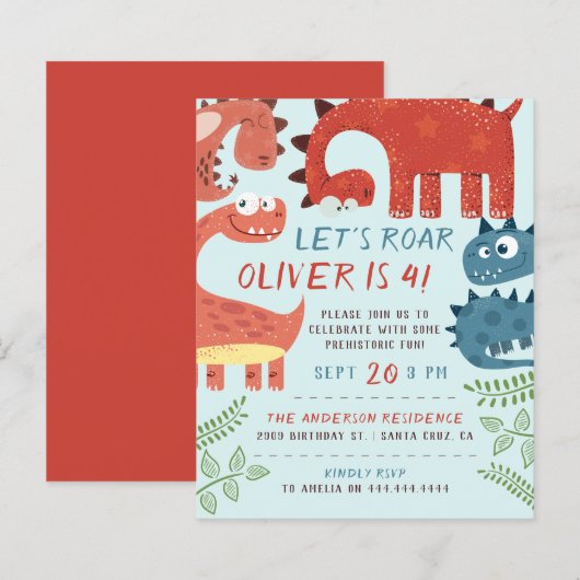 Begroting Laten we Roar Dino Kinderfeest houden (Voorkant / Achterkant)