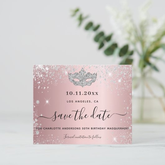 Begroting masquerade party blush roze save the dat (Staand voorkant)