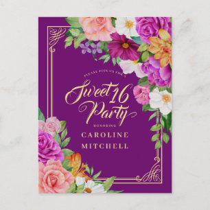Begroting Paarse Floral Waterverf Sweet 16 Uitnodiging Briefkaart