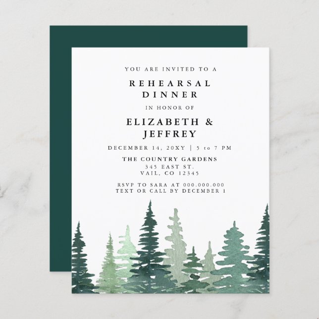 Begroting Pine Forest Rehearsal Dinner Invitation (Voorkant / Achterkant)