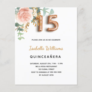 Begroting Quinceanera floral roos Gold eucalyptus