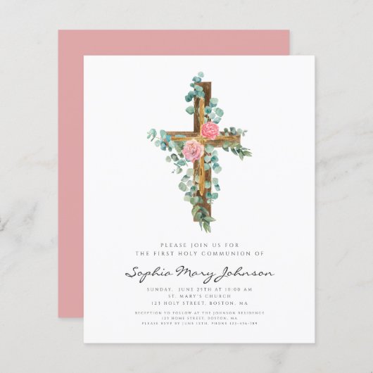 Begroting Religieuze Roze Floral Cross First Commu (Voorkant / Achterkant)