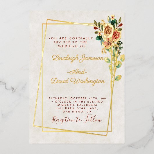Begroting roos en goudbruiloft folie uitnodiging (Voorkant)