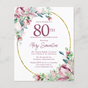 Begroting Roze Floral 80th Birthday Invitation