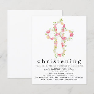 Begroting Roze Florals Cross Christening Uitnodigi