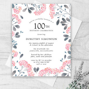 Begroting Roze Wilde Bloem 100th Birthday Uitnodig