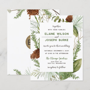 Begroting Rustic Winter Pine cone Wedding Invitati