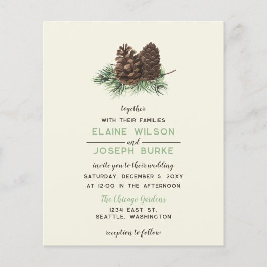 Begroting Rustige Winter Pine Cone Wedding Uitnodi (Voorkant)