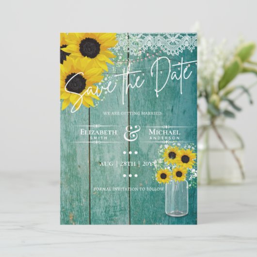 Begroting Rustige zonnebloemen Lace Mason Jar Wedd (Staand voorkant)