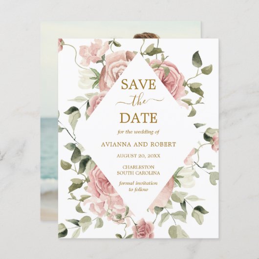 Begroting Stamroze roze bloem Foto sparen datum (Voorkant / Achterkant)