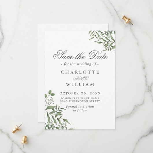 Begroting Succulent Eucalyptus Leaves Wedding Save The Date (Voorkant / Achterkant in situ)