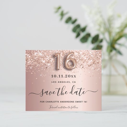 Begroting Sweet 16 roos goudglitter behalve datum (Staand voorkant)