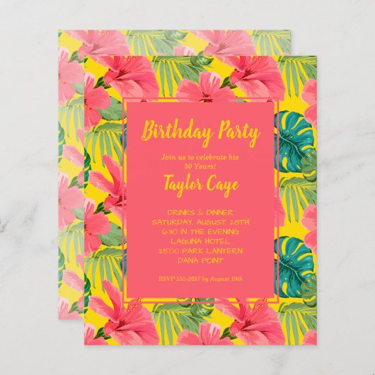 Begroting Tropical Flowers Birthday Party Invitati (Voorkant / Achterkant)