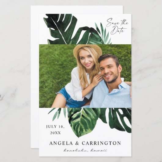 Begroting Tropical Palm Leaf Photo Save the Date - (Voorkant / Achterkant)