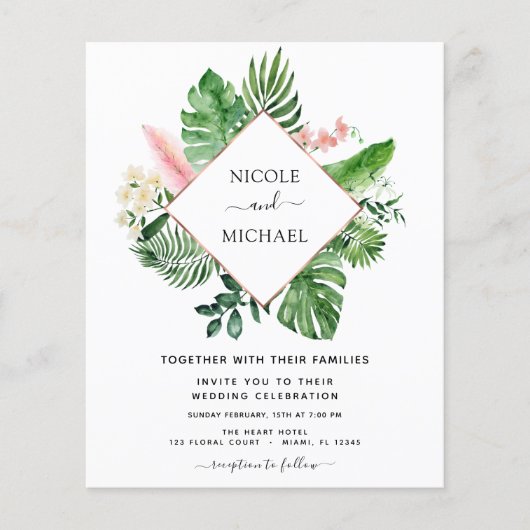 Begroting Tropical Palm Waterverf Geometric Weddin Flyer (Voorkant)
