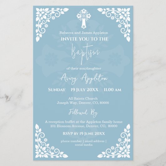 Begroting Uitnodiging Bloemen Kruisdoop Sky Blue Flyer (Voorkant)