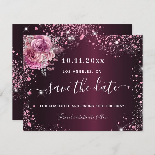 Begroting verjaardag bogundy roze floral save the  (Voorkant / Achterkant)