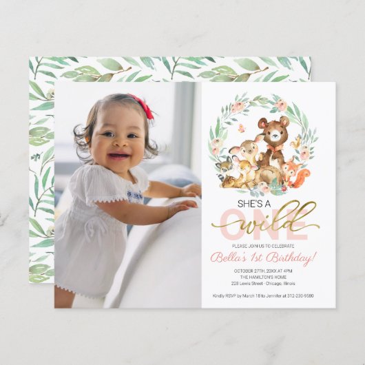 Begroting Wild 1 verjaardag Uitnodigingen met foto (Voorkant / Achterkant)