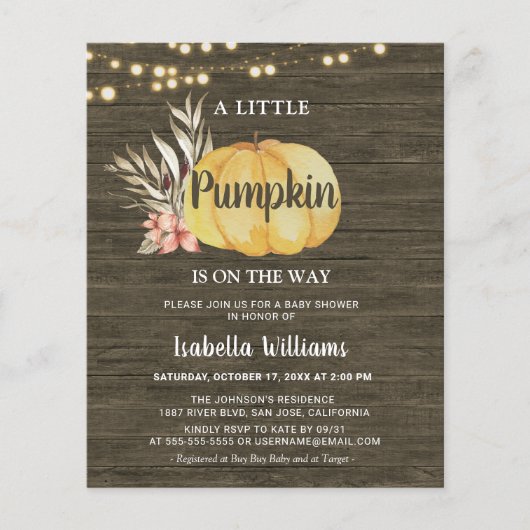 Begrotingsnajaar Rustic Wood Pumpkin Baby shower (Voorkant)
