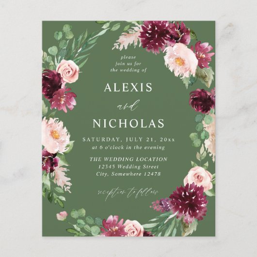 Begrotingsroze en Bourgogne Floral 7 bruiloft - gr Flyer (Voorkant)