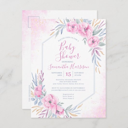 Begrotingsroze Waterverf Floral Elegant Baby showe Uitnodiging Briefkaart (Voorkant / Achterkant)
