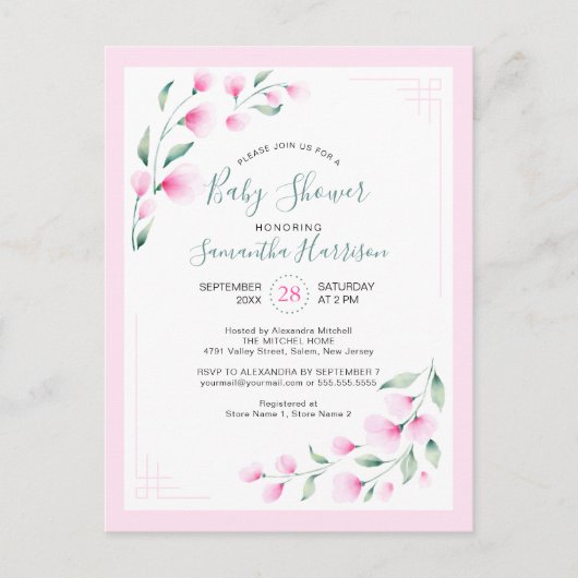 Begrotingsroze Waterverf Florence Baby shower Uitnodiging Briefkaart (Voorkant)