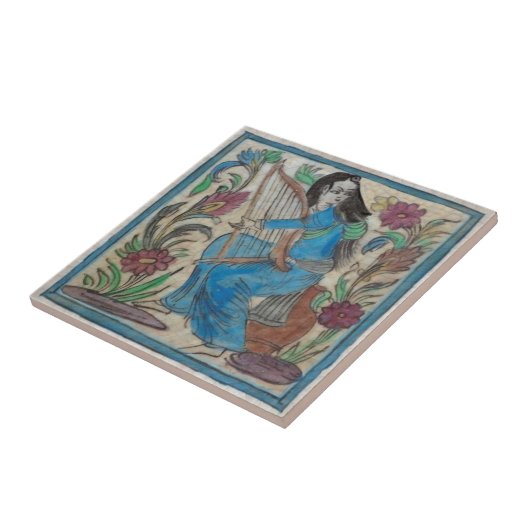 Behandelde vrouw met Harp Persian Antiek Repro Tegeltje (Zijkant)