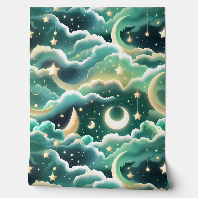 Behang - Mintgroene Hemelse Maan Design (Afrollen)