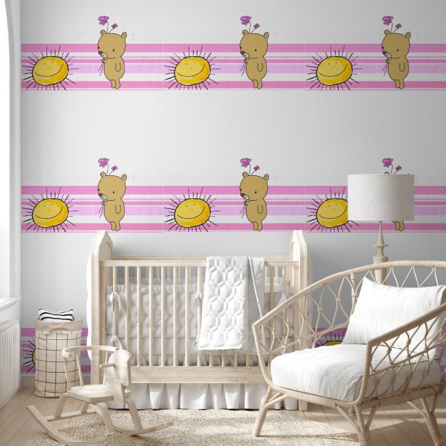 Behang Roze & Witte Streep Zonneschijn Teddy Bear (Kinderen)