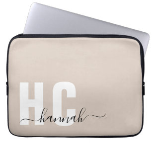 Beige Aangepast Minimaal Modern Monogram Laptop Sleeve